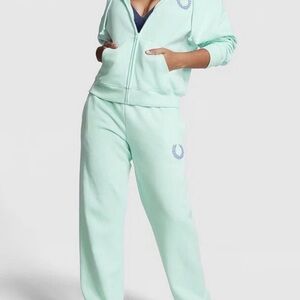 Victoria's Secret PINK Opal Blue Ivy Fleece Full Zip Hoodie Sweatpants SET Sz Lg